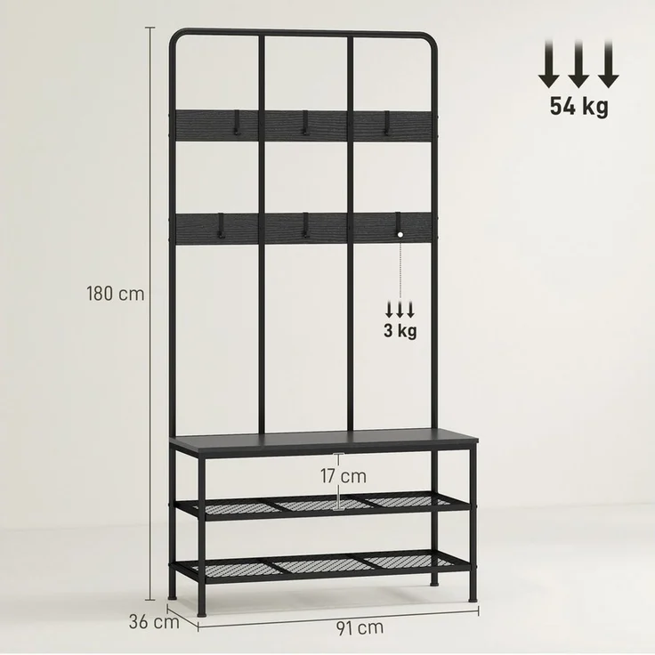 HOMCOM Garderobenständer mit Schuhbank, Garderobe mit 6 Haken, (Jackenständer, 1 St, Garderobe), für Eingangsbereich, Flur, Schlafzimmer, Schwarz – Bild 2