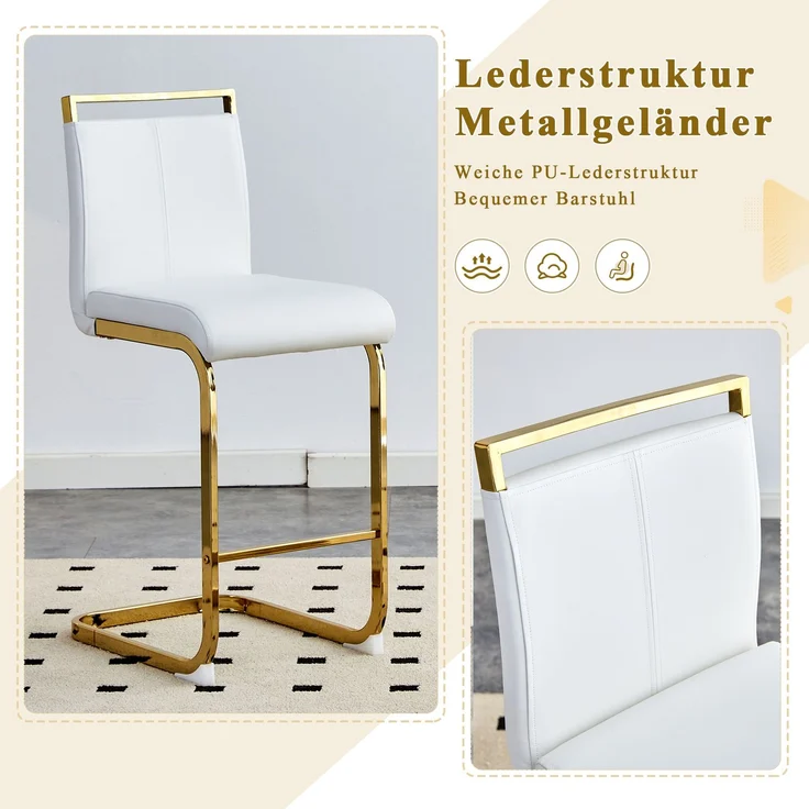 Rayofly-2er-Set Barhocker nordischer Stil H96,5cm, weißes PU-Leder, goldene Metallbeine, für Restaurant, Küche,H 96.50cm x T 39.00cm x B 46.50cm,Weiß – Bild 7