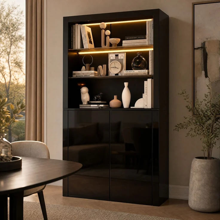 DESVIAE Hochschrank mit LED-Beleuchtung 100x170x35 cm MDF, Glas und Spanplatte Schwarz – Bild 2