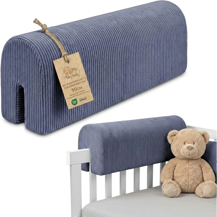 Bettkantenschutz für Kinderbetten 50 cm - Schutz für Bettrahmen Baby Bett rausfallschutz für boxspringbett bettgitter mit Minky Bezug Kantenschutz Kinder Babybett Jeansfar – Bild 2
