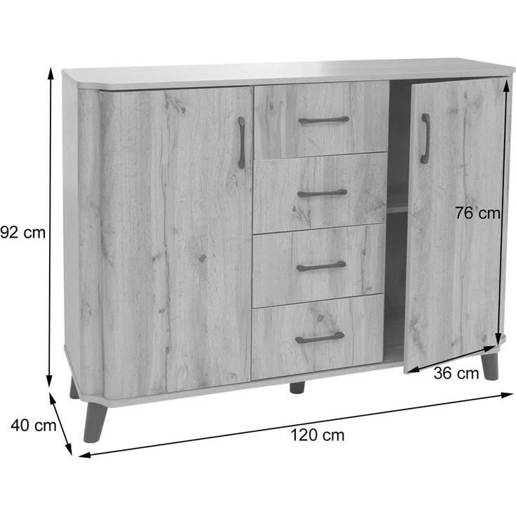 Kommode HWC-P42, Sideboard Schrank Anrichte, 4 Schubladen Staufächer 2 Türen, MDF 92 x 120 x 40 cm ~ Wotan-Eiche-Optik – Bild 3