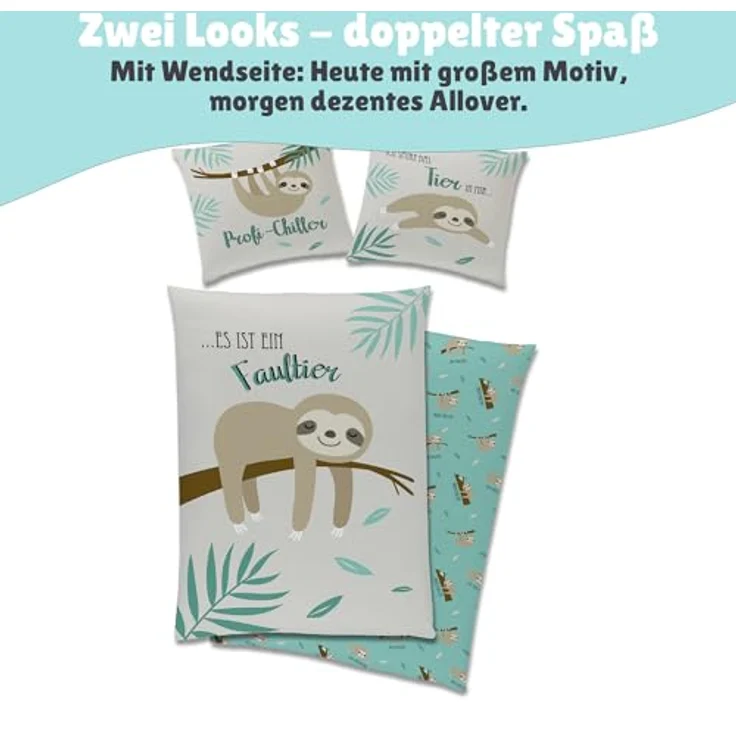 Faultier Wende Bettwäsche Set 135x200 + 80x80 cm Linon mit Reißverschluss – Bild 6