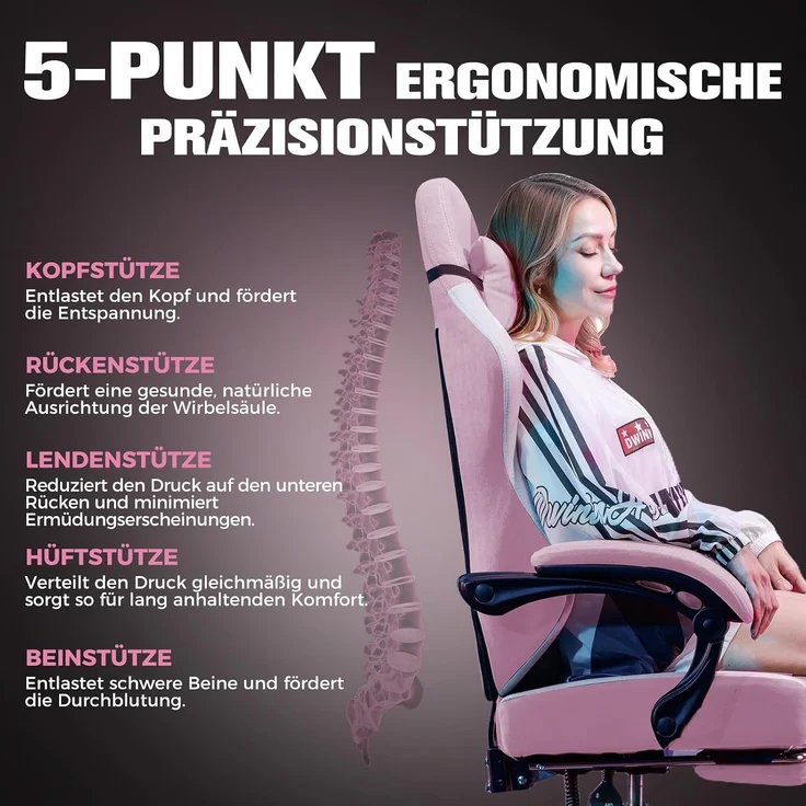 GTPLAYER Gaming Stuhl Ergonomischer, PC Stuhl Atmungsaktiver Stoff, Groß und Hoch Drehbarer Schreibtischstuhl mit Fußstütze,Verstellbare Lendenwirbelstütze und Kopfstütze,Rosa – Bild 5