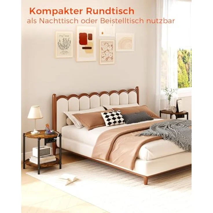 IRONCK Beistelltisch rund, Couchtisch mit Steckdose, Kleiner Tisch Holz, Wohnzimmertisch 2 Ablagen,Sofatisch,USB & Type-C-Anschluss, Metallrahmen, Nachttisch für Schlafzimmer (Vintagebraun, 2 Stücke) – Bild 6