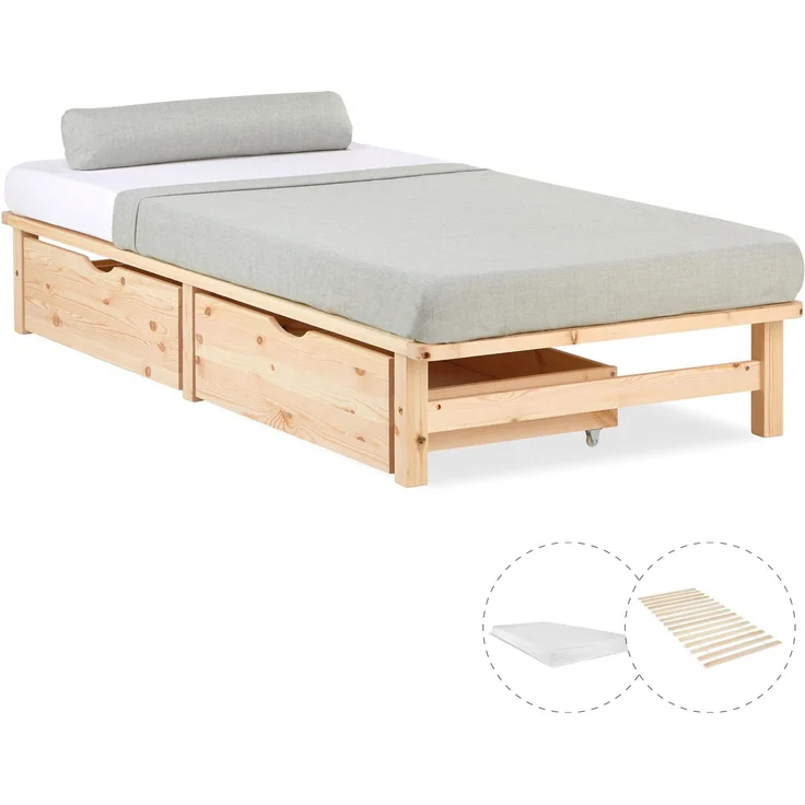 Holzbett 90x200 mit Matratze Bettkasten 2er Set Holzbettrahmen Palettenbett Einzelbett Bett Massiv Holz – Bild 1