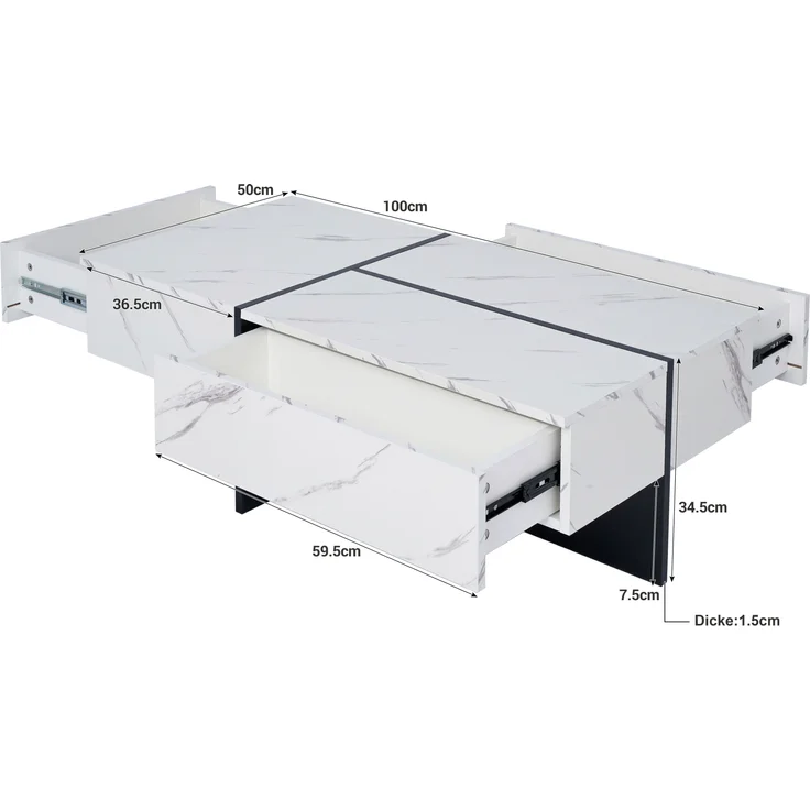 Couchtisch, Spanplatte in Hochglanz marmorähnlicher Optik mit LED-Beleuchtung & 3 Schubladen, 100x50x34,5 cm, Weiß – Bild 10