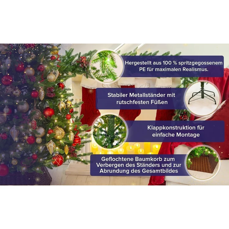 EveXmas Adele Künstlicher Weihnachtsbaum Grün 185 cm mit 320 LEDs – 100% PE Spritzguss, Nordmanntanne-Optik, inkl. Metallständer, Tasche & Baumkorb – Bild 4