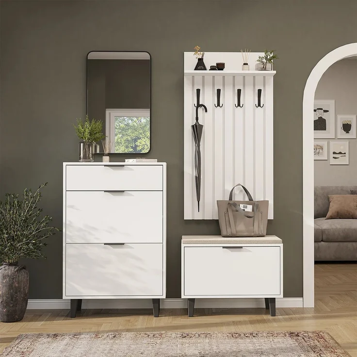 Roomart NORD Garderobenset 4-teilig – Schuhschrank, Sitzbank mit Schuhklappe, Garderobenpaneel 130 cm & Spiegel – Flurgarderobe – H 112 x B 73.6 x T 35 cm (Schuhschrank) • Weiß – Bild 3
