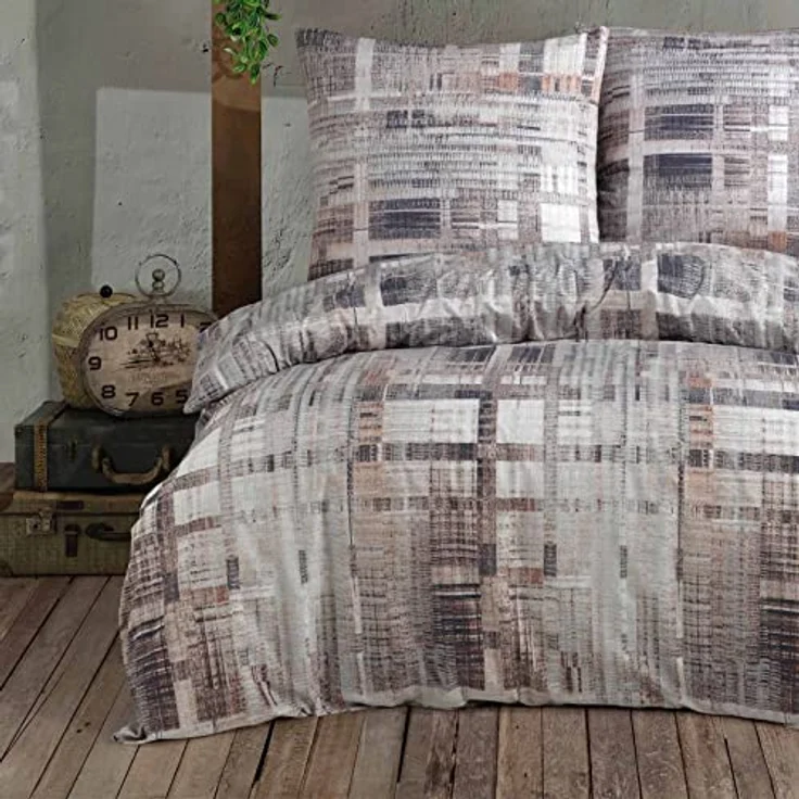 Buymax Bettwäsche Alvaro, Renforce: 100% Baumwolle, 2 teilig, 155x220 cm, Bettbezug-Set mit Reißverschluss Karo Kariert, Braun Beige – Bild 2