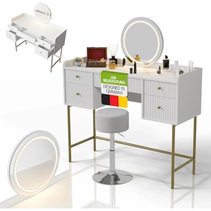 Juskys Schminktisch Samira & Hocker Tonia mit Touch-LED-Spiegel, 5 Schubladen, viel Stauraum & elegantes Design für Schlafzimmer & Make-up – Weiß/Gold – Bild 2