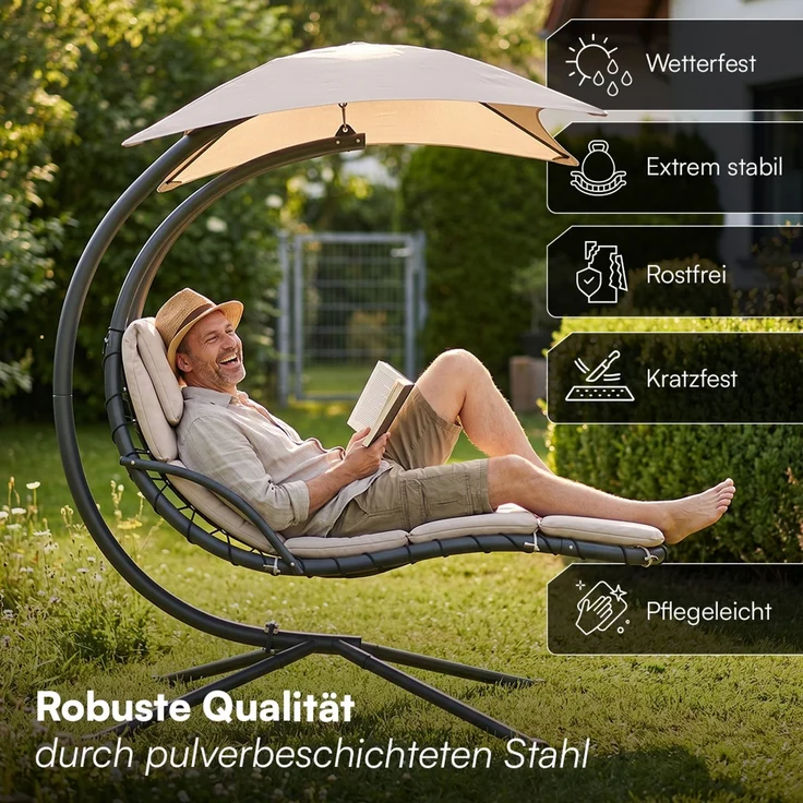STEELSØN 'Nyria' Schwebeliege mit Sonnenschirm, Hängeliege mit Sitzpolstern, wetterfest, bis 120 kg belastbar, beige – Bild 4
