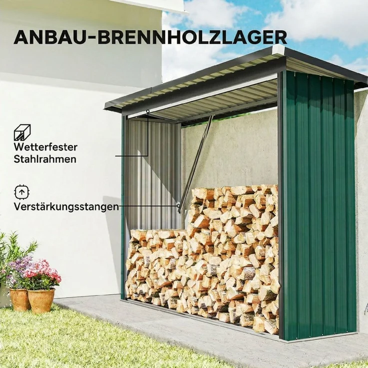 Outsunny Kaminholzregal-Erweiterung mit Pultdach, BxTxH:213x66.5x150 cm, (Brennholzunterstand, 1-St, Kaminholzunterstand), für Kaminholz Grün – Bild 4