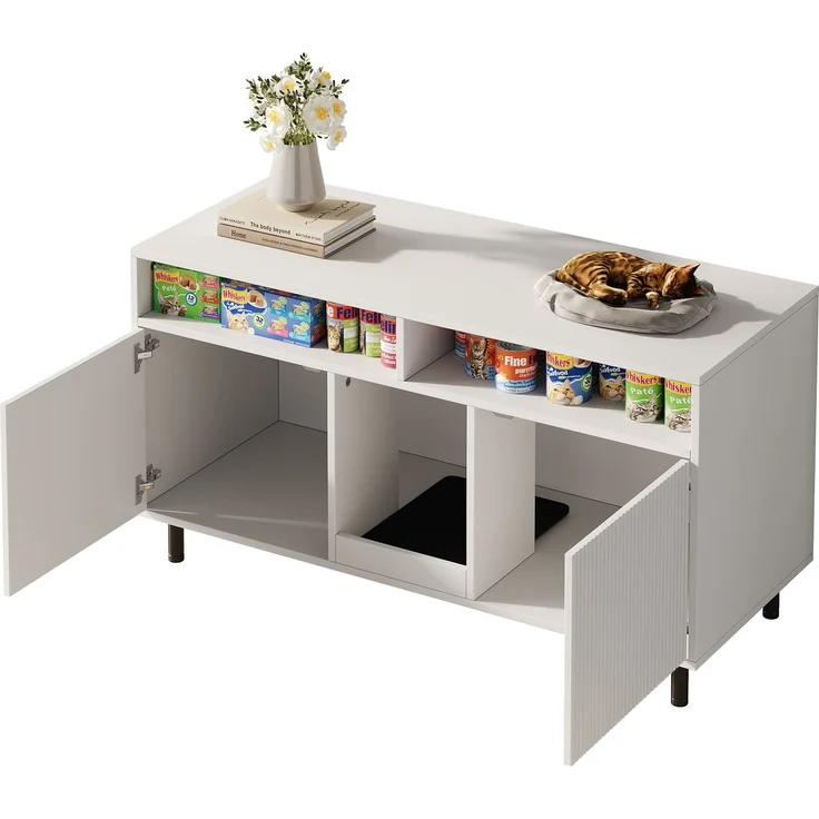 Schrank mit Doppel-Türen, Rippen-Design, Fangmatten, Mehrzonen-Lagerung, Platz für 2 Katzenstreukästen,Weiß – Bild 9