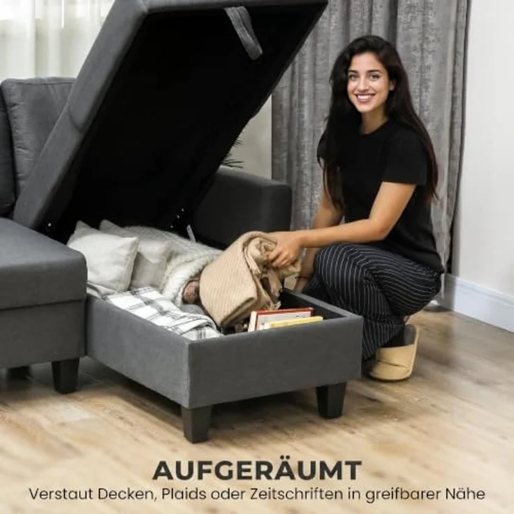 HOMCOM Ecksofa L-Form 3-Sitzer Sofa Schlafsofa mit Bettkasten, Leinenoptik, mit Verwandelbarer Chaiselongue 1 Teile, für Wohnung, Wohnzimmer, Dunkelgrau – Bild 6