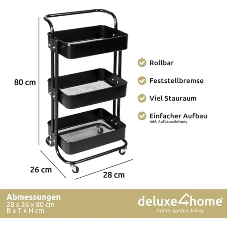 deluxe4home Rollwagen Küchenwagen mit 3 Ablagen I Aufbewahrung Mehrzweckwagen, Rollbar – Bild 3
