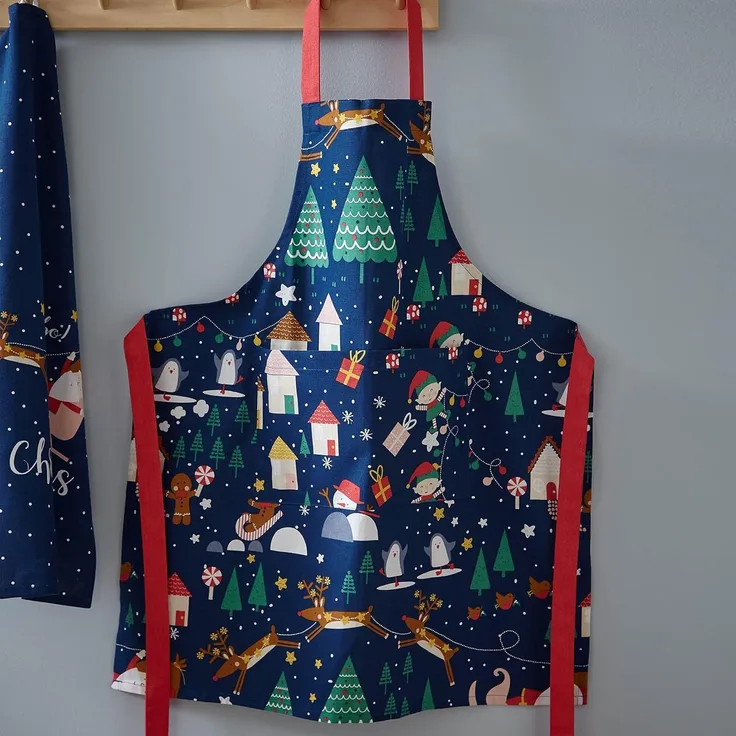 Catherine Lansfield Kitchen Santa's Christmas Wonderland Schürze für Erwachsene, Baumwolle, 70x80 cm, Marineblau