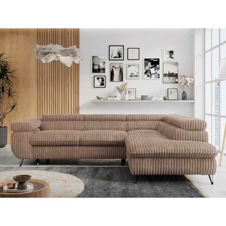 Mks Möbel 'Peter L-form' Ecksofa mit Bettfunktion, Bettkasten & einstellbaren Kopfstützen, Braun, Cord, rechts – Bild 3