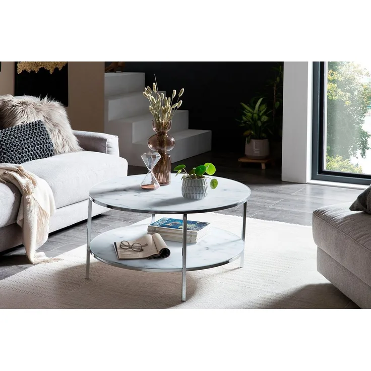 Couchtisch Glas Ø 80 cm in weißer Marmoroptik mit Metallgestell in Chrom
