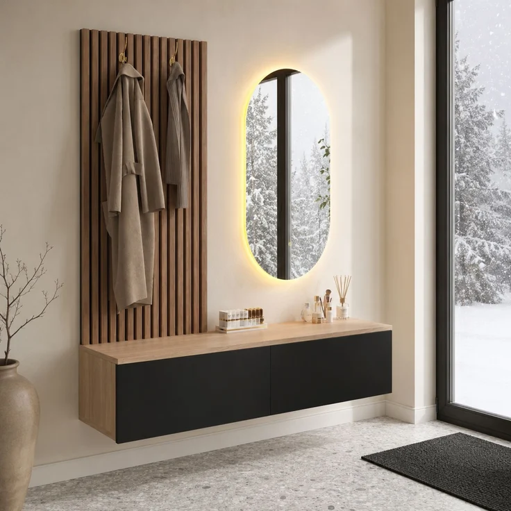 Flurgarderobe 140x38x150 cm mit LED-Spiegel, 2 Schubladen und Haken – Bild 2