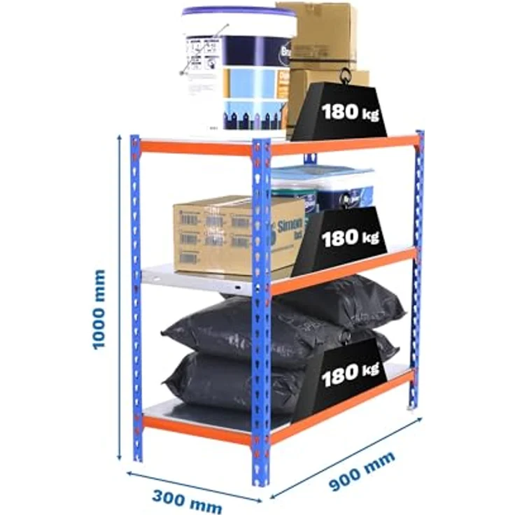Simon Rack Simonclick Metallregal, 1000 x 900 x 300 mm, 3 Regalböden, 180 kg Biege-Punkt, Regalböden, Blau/Orange/Galva – Bild 3