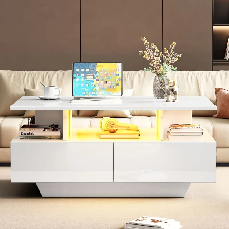 Couchtisch 90×55×41 cm Hochglanz Weiß mit LED-Beleuchtung, moderner Wohnzimmertisch mit 2 Schubladen, offenem Fach – Bild 3