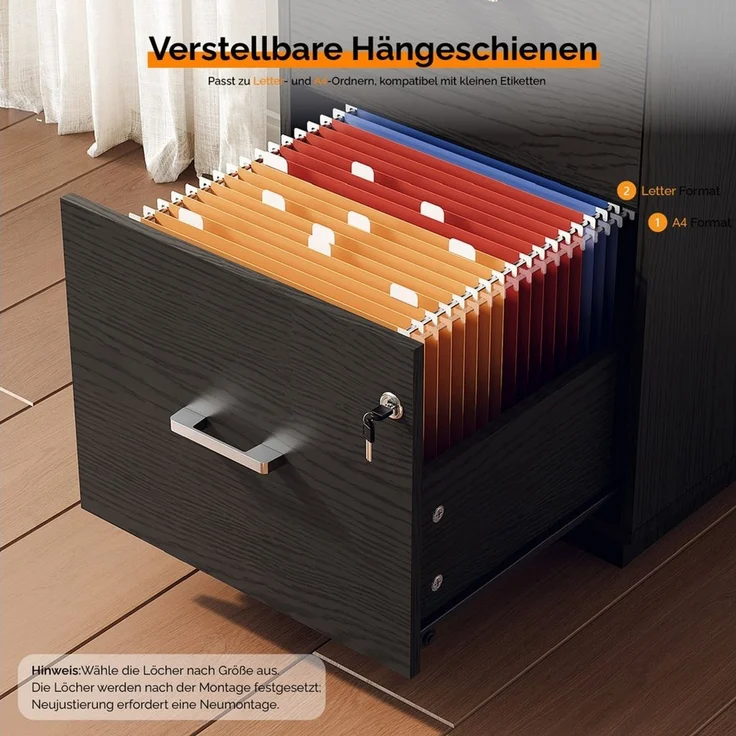 VINGLI Aktenschrank mit 3 Schubladen, Büroschrank abschließbar, 39 x 39 x 98 cm verstellbare Hängestange für A4 und Letter, Druckerständer Holz – Bild 4