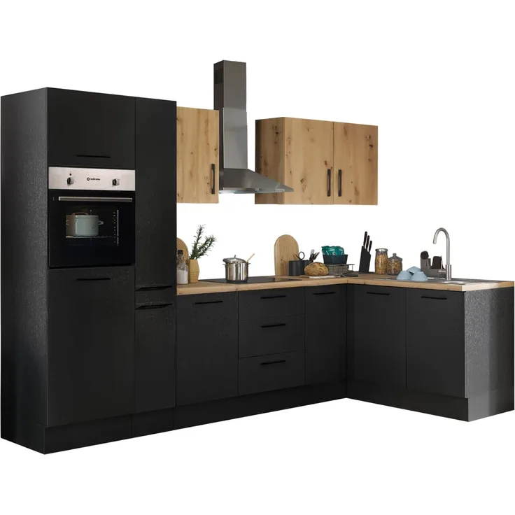Turin LB Eckküche 300 x 211 x 60 cm, schwarz - Ohne Küchengeräte - Moderne, geräumige Küche in Artisan-Eiche Optik mit viel Stauraum