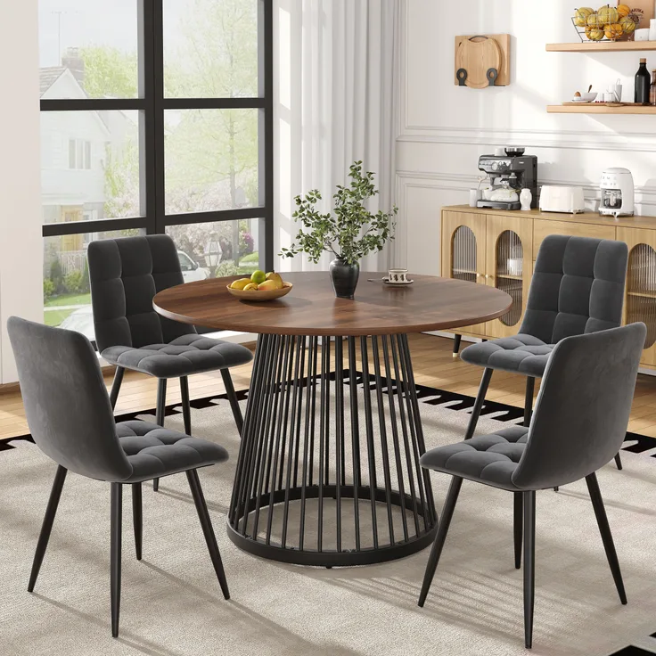 Esstisch-Set 5-tlg. Rund, Tisch 76x80 cm Walnuss, schwarze Beine, 4 Samt-Stühle Grau