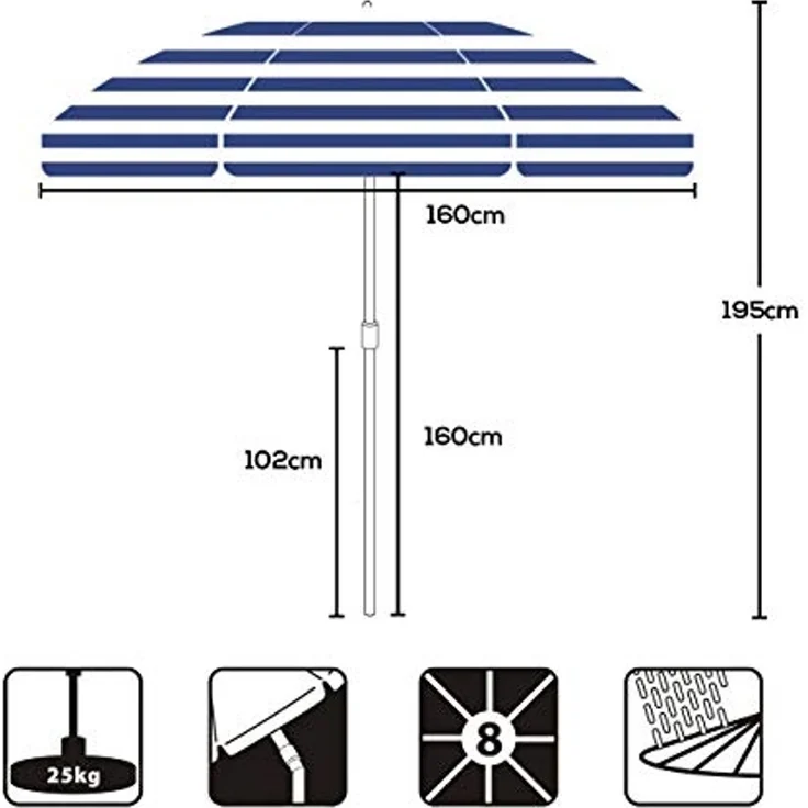 Sekey Sonnenschirm mit Schutzhülle, Neigungswinkel und Höhe verstellbar, Polyester blau / weiß, 160 cm – Bild 6