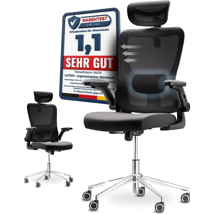 LUTIVO Bravo, ergonomischer Bürostuhl, Rückenlehne mit Mesh Bezug, 3D-Armlehnen, 3D-Kopfstütze, ViperWheels, Schwarz – Bild 1