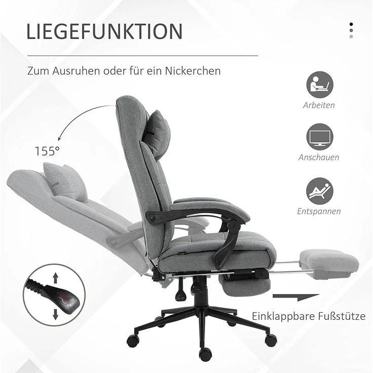 Vinsetto Bürostuhl mit Kopfkissen Armlehne Schreibtischstuhl mit Neigungswinkel Höhenverstellbarer Drehstuhl mit Fußstütze Leinen Schaumstoff PVC Hellgrau 66 x 70 x 116-124 cm – Bild 5
