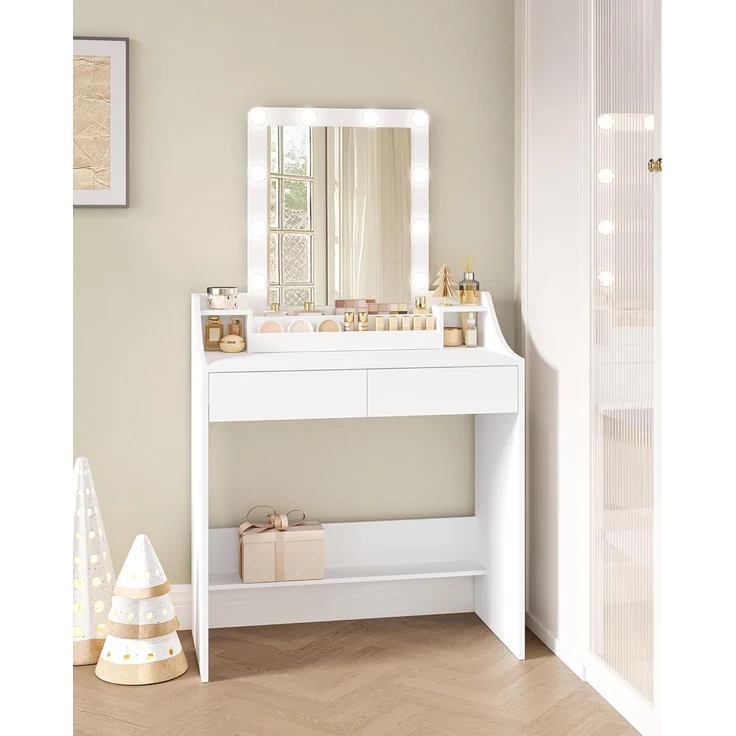 Hzuaneri Schminktisch mit LED-Beleuchtung, mit Spiegel, einstellbare Helligkeit, modern, 2 Schubladen & 3 Offenen Fächern, Weiß, 40x80x140 cm – Bild 1