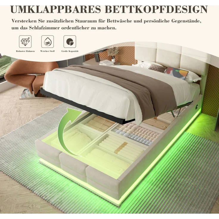 TavilaEcon Boxspringbett Modernes Polsterbett mit höhenverstellbarem Kopfteil & LED-Beleuchtung beige Liegefläche 90 × 200 cm – Bild 9