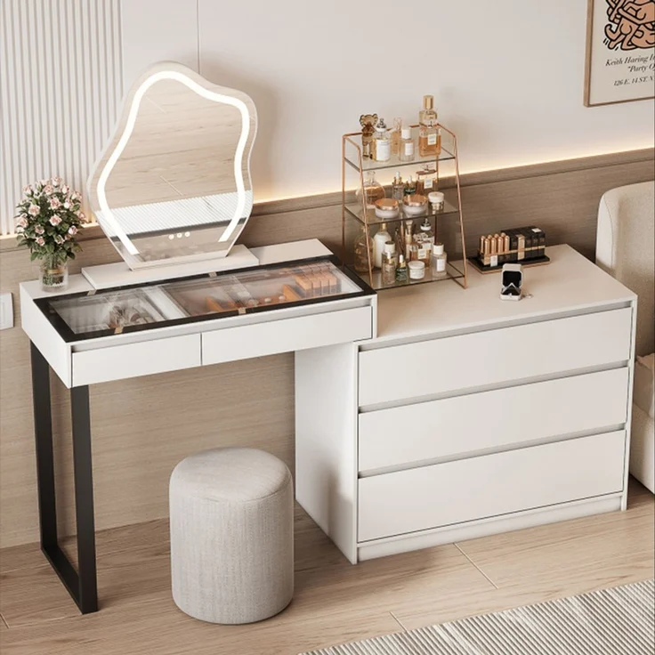 Schminktisch 120 cm mit Spiegel, 5 Schubladen und LED-Beleuchtung, Glasplatte, Weiß – Bild 2