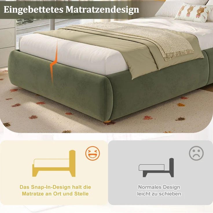 Kinder-Polsterbett aus Samt mit hydraulischem Stauraum, 90x200 cm, Grün, ohne Matratze – Bild 5