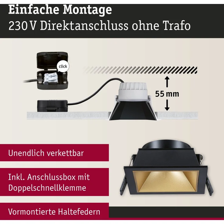 LED Einbauleuchte 3-Step-Dim Cole Coin 3er-Set IP44 eckig 88x88mm Coin 3x6W 3x470lm 230V dimmbar 2700K Schwarz, Gold matt – Bild 5