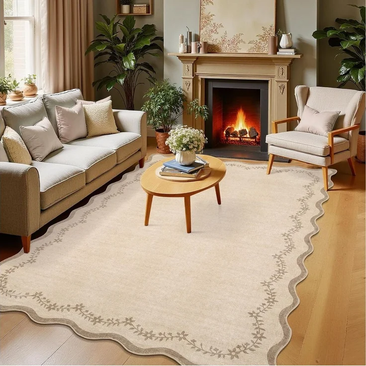 GarveeMore Teppich Vintage Deko Teppich mit Wellenkante und Blumenranken für Wohnzimmer, Höhe: 5 mm – Bild 2