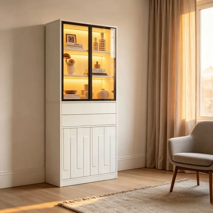 70×34×180cm LED Display Vitrine mit 2 Schubladen , Hochschrank mit Glasschranktüren, Hochschrank Glasvitrine mit LED ,Wohnzimmerschrank mit Glastüren, Küche, Arbeitszimmer, Eingangsbereich,Weiß--Weiß--70x34x180cm--YOUDENOVA – Bild 8