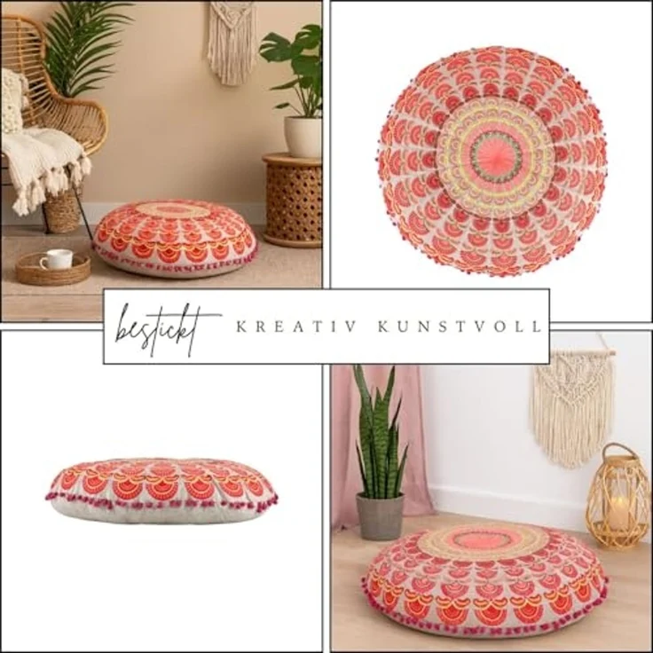 Marrakesch Orient & Mediterran Interior Bodenkissen Bodenkissen Garet Orange rund 60x15 cm, Baumwolle bestickt – Bild 4