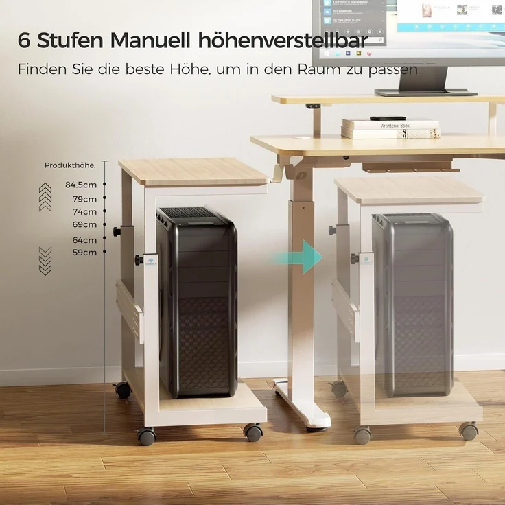 Höhenverstellbarer PC Tower Ständer mit Rollen und Maus Pad, Ahornfarbe – Bild 6