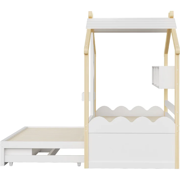 Merax Kinderbett, Jugendbett, 90x200cm, mit Ausziehbett 90x190cm, mit 2 Schubladen, mit USB- und Typ-C-Ladeanschlüssen und LED, mit Einlegeböden, Weiß + Natur – Bild 8