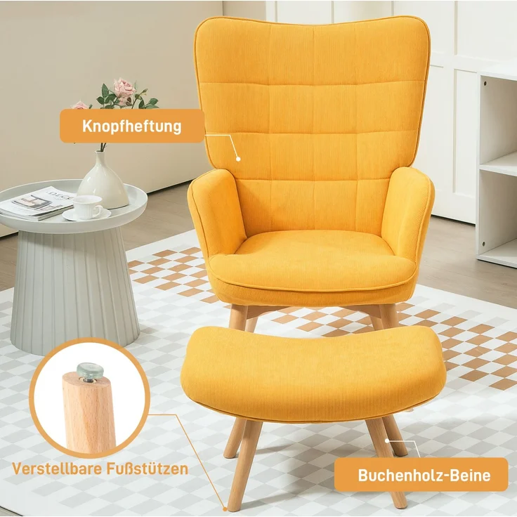 DESVIAE Sessel mit Hocker 80x101x72 cm aus Polyester, Orange, mit Buchenholzbeinen – Bild 4