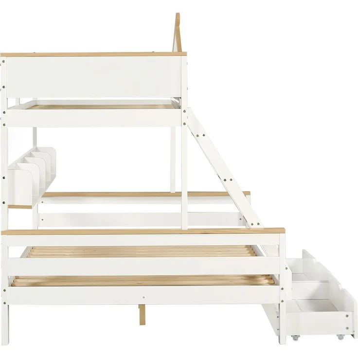 Etagenbett 90×200 & 140×200 – Offenes Regal, 2 Schubladen, vierstufige Schrägleiter, rundum Fallschutz,Massivholz & MDF – Weiß & Natur – Bild 10