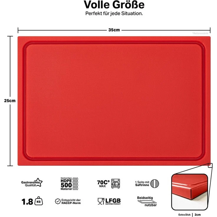 MUVELL Schneidebrett Kunststoff, Rot, 35x25x2 cm, mit Saftrille, EXTRA dick, Kunststoff, (Stück, 1-St, Schneidebrett), messerschonend,Saftrille,Extra Dick