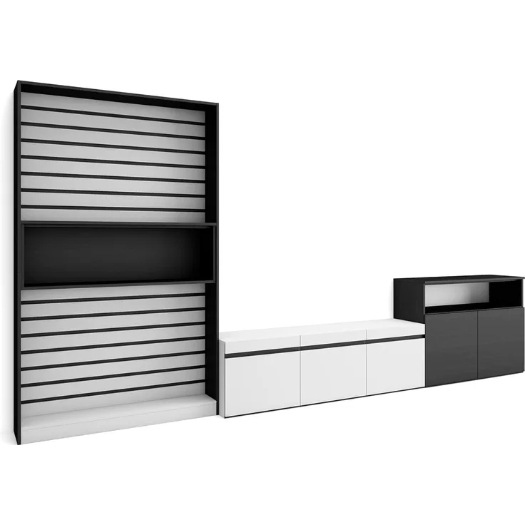 Skraut Home | Wohnwand Wohnzimmer | Wohnzimmermöbel, Möbelset | 360 x 186 x 35 cm | Für TV-Geräte bis zu 65" | Wohnzimmer Möbel | Moderner Stil | Weiß und Schwarz