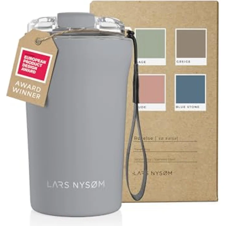 LARS NYSØM Thermo Kaffeebecher to go mit Trageschlaufe & Tritan Deckel | Travel Mug 0,38 Liter mit Vakuumisolierung | Edelstahl Thermobecher für Café & Tee (Ash Gray, 380ml) – Bild 1