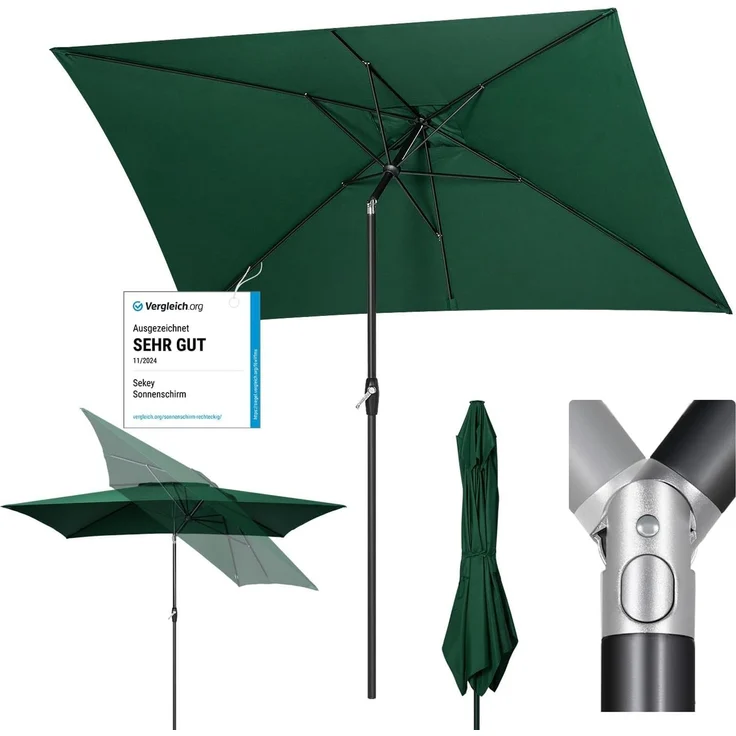 Sekey Sonnenschirm mit Kurbel und UV50+, knickbar, Aluminium grün, 200 × 300 cm – Bild 1