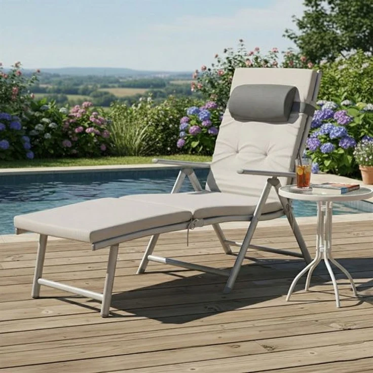 SONGMICS Sonnenliege, Liegestuhl klappbar, abnehmbares Kopfkissen, atmungsaktiv, einstellbare Rückenlehne, beige – Bild 1