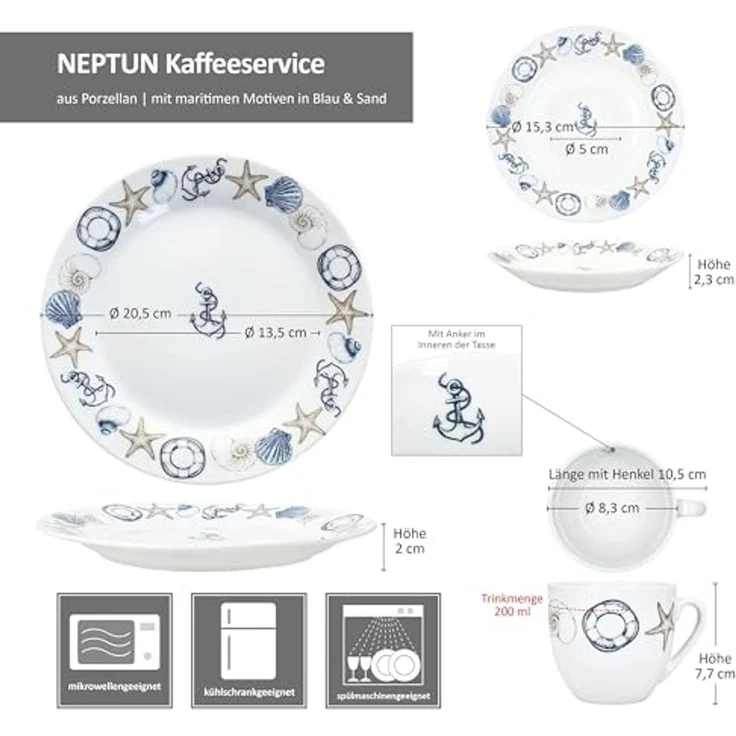 MamboCat Kaffeeservice Neptun 18tlg Kaffeeservice Porzellan 6Pers Tasse Teller Anker maritim, Porzellan – Bild 6
