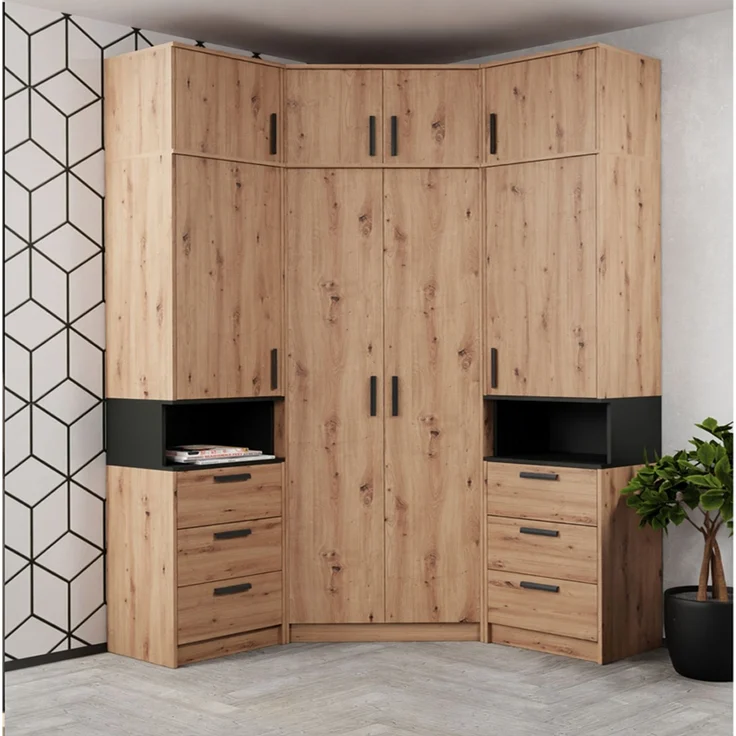 Marmex Möbel Grant 14A Ein Schrank-Set, zwei Büchrregale, Eckkleiderschrank, Schlafzimmer-Set, laminierte Spanplatte, artisan Eiche + schwarz, 143x235x143 cm – Bild 8